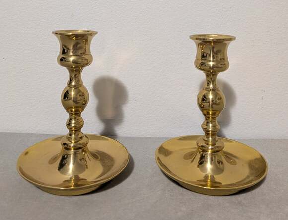 no label Other - Vintage Solid Brass Candlesticks Pair - 4.5" Flared Saucer Base Taper Holders